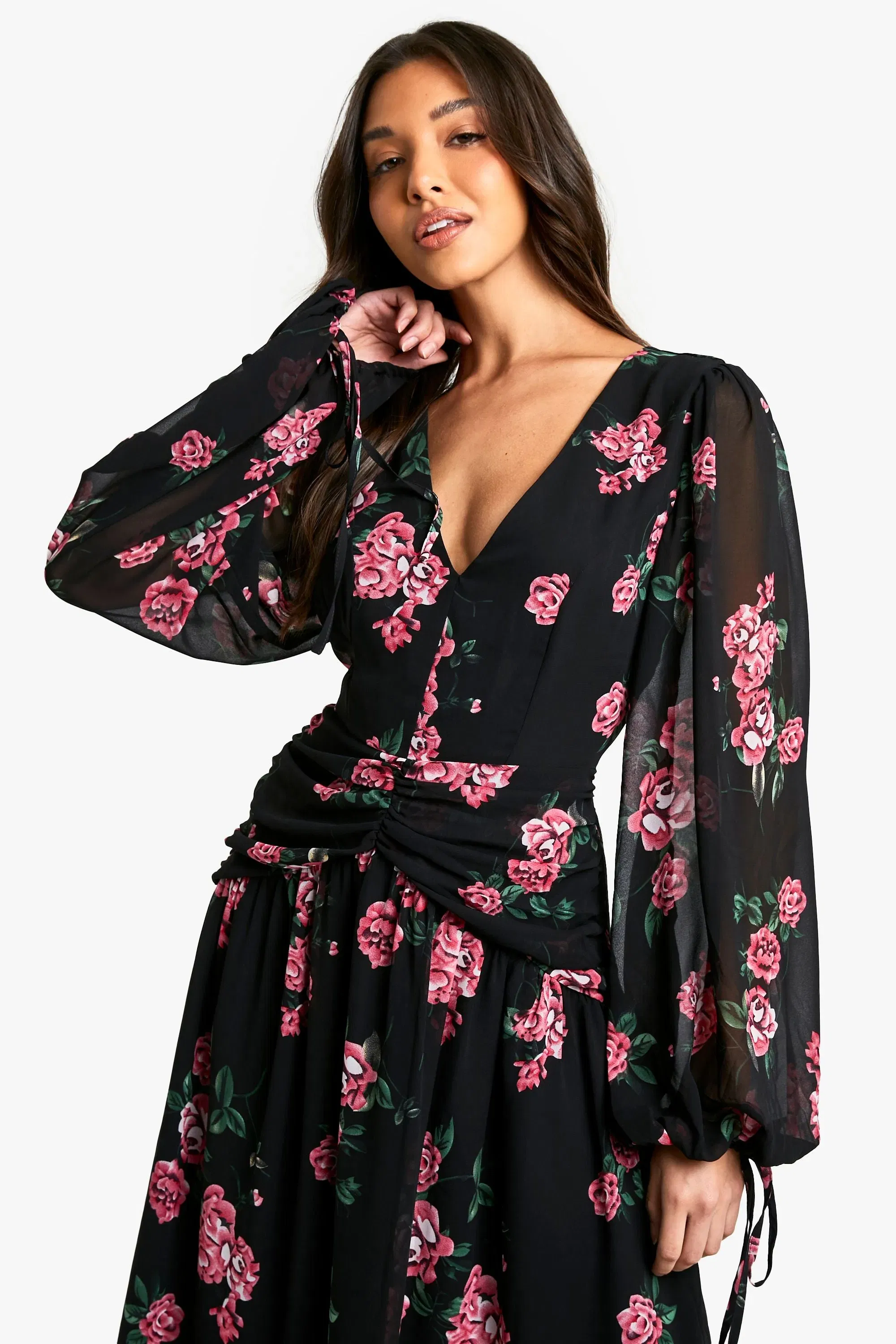 Floral Chiffon Ruched Waist Midaxi Dress