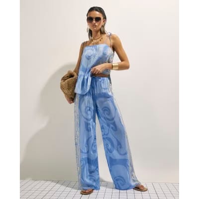 Blue Abstract Palm Print Trousers