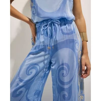Blue Abstract Palm Print Trousers