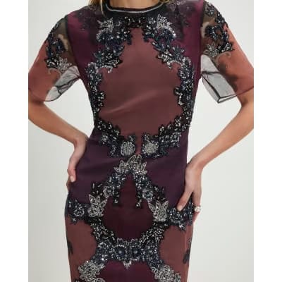 Purple Short Sleeve Embellished Mini Dress