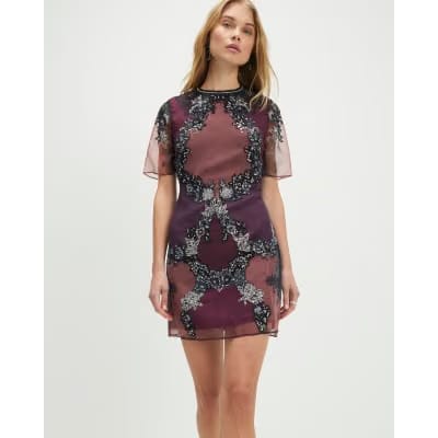 Purple Short Sleeve Embellished Mini Dress