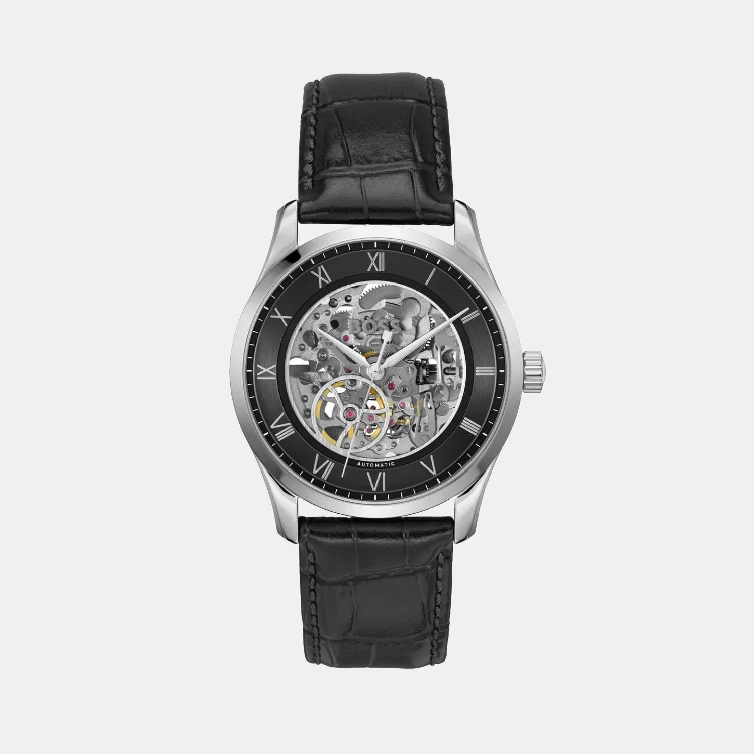 Boss Principle Skeleton Men Automatic Black Dial Analog Leather Watch 1514234