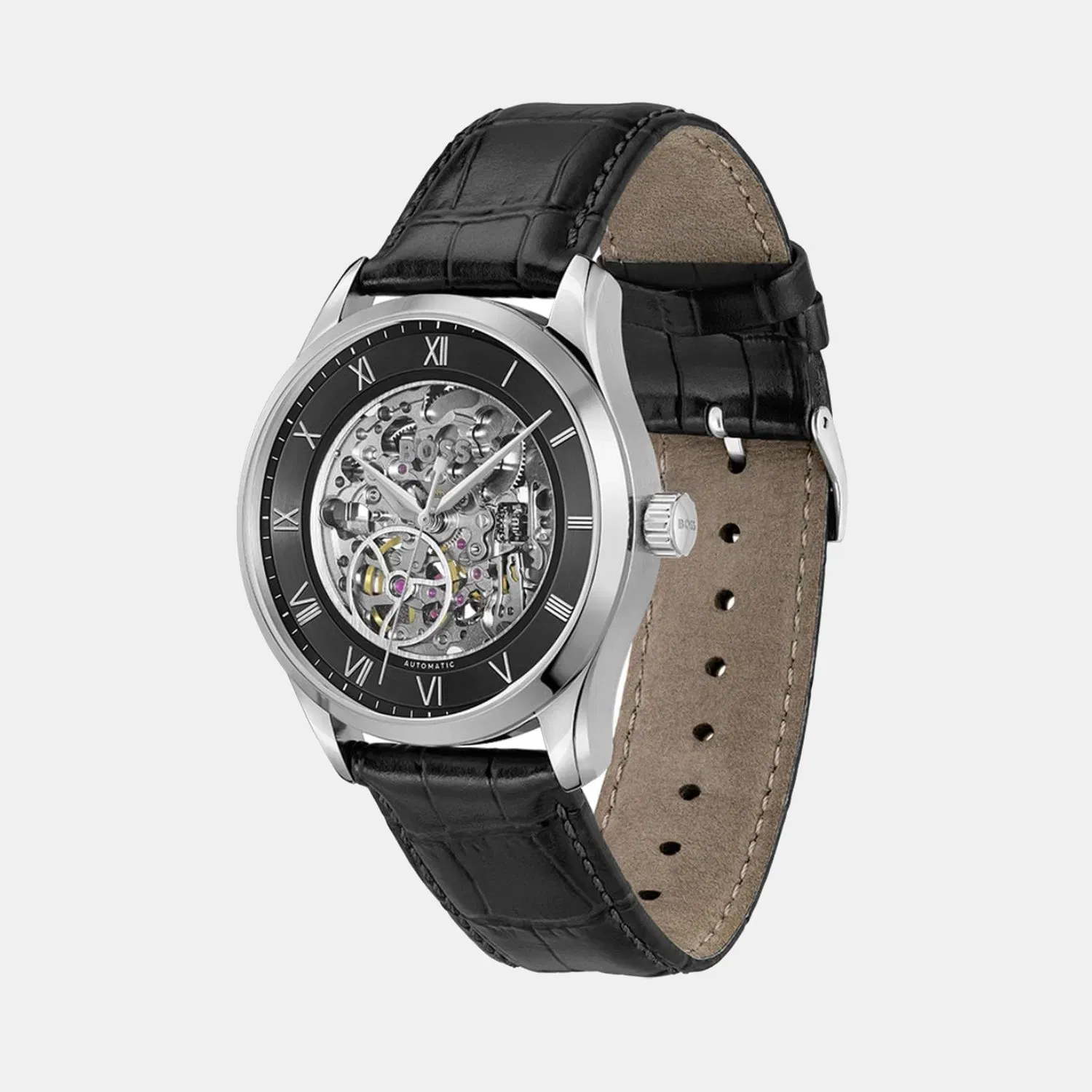 Boss Principle Skeleton Men Automatic Black Dial Analog Leather Watch 1514234