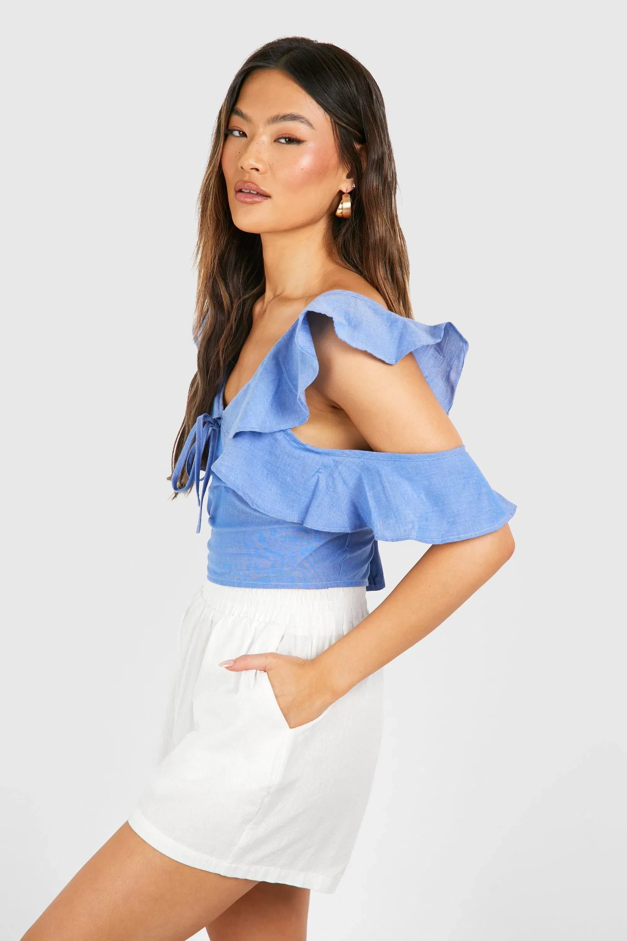 Chambray Ruffle Crop Top