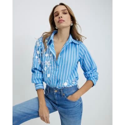 Blue Striped Long Sleeve Embellished Shirt