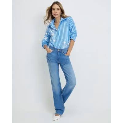 Blue Striped Long Sleeve Embellished Shirt