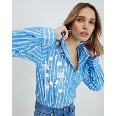 Blue Striped Long Sleeve Embellished Shirt