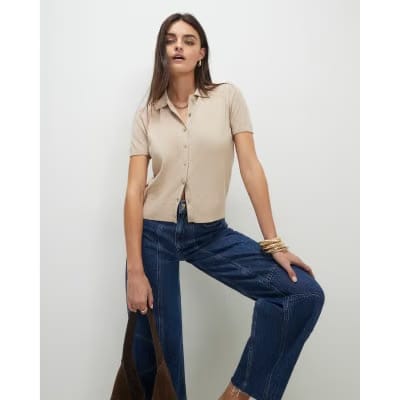 Beige Knitted Short Sleeve Polo Cardigan
