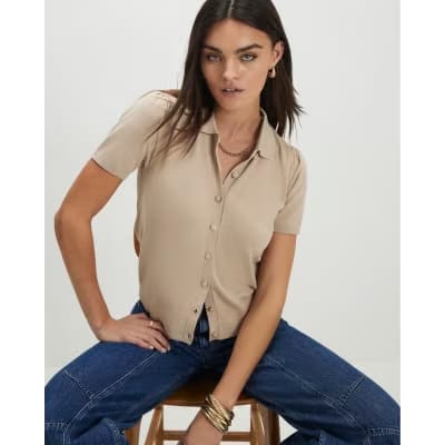 Beige Knitted Short Sleeve Polo Cardigan
