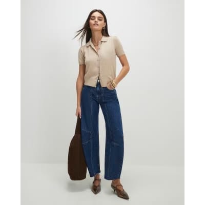Beige Knitted Short Sleeve Polo Cardigan