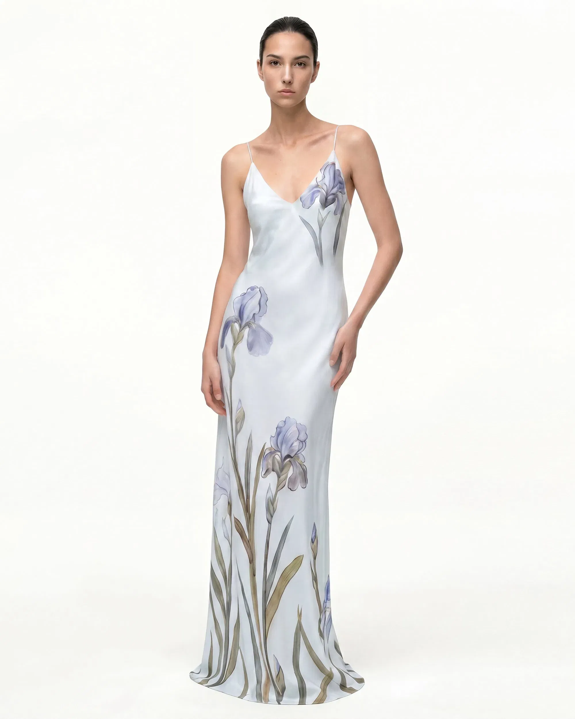 Iris Motif Satin Slip Gown - Olive Green