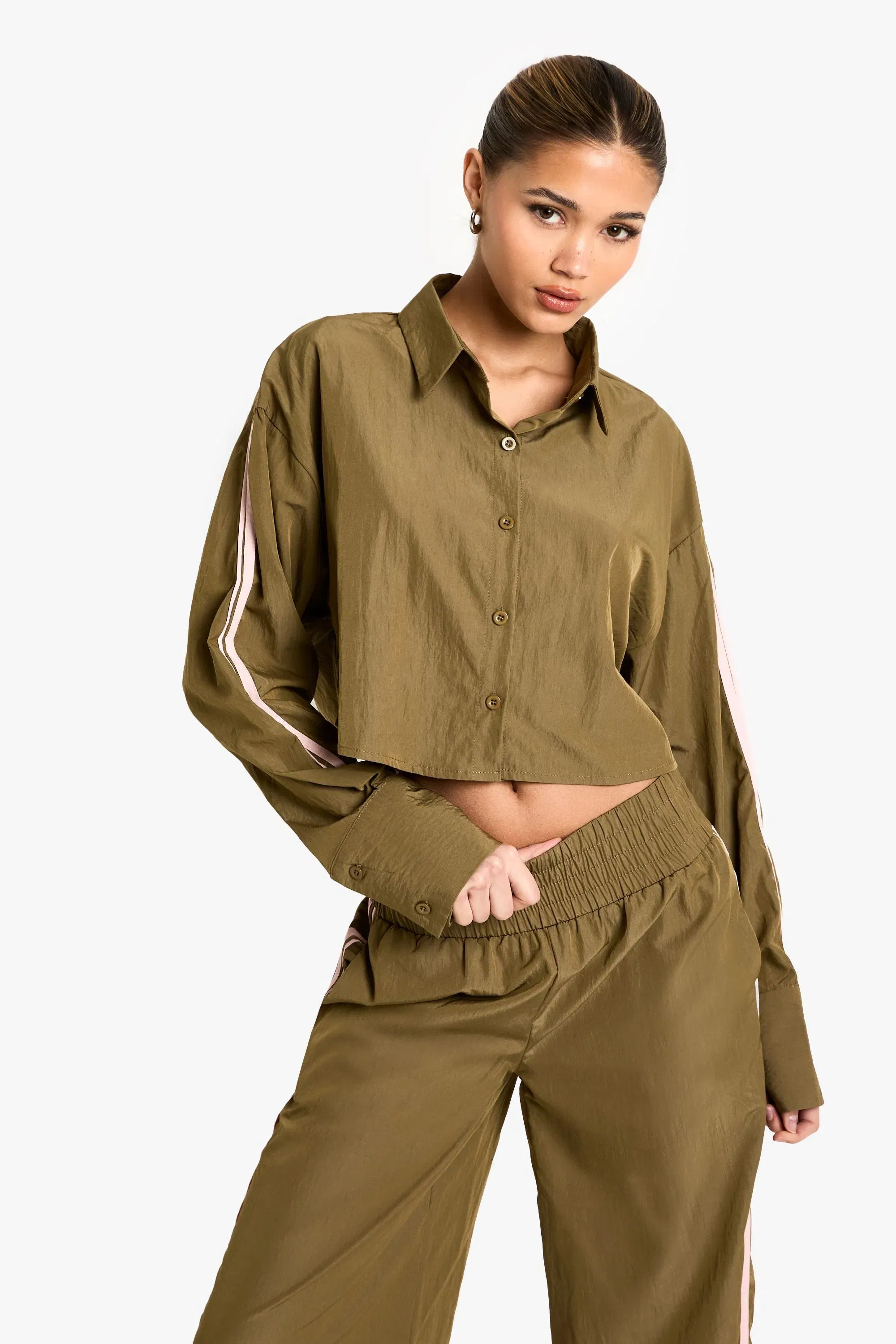 Side Stripe Woven Crop Shirt
