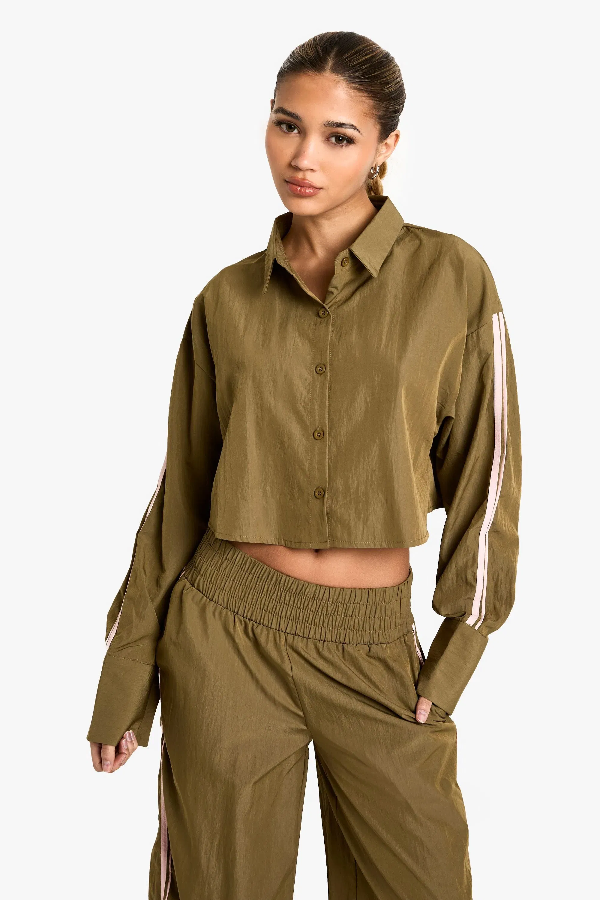 Side Stripe Woven Crop Shirt