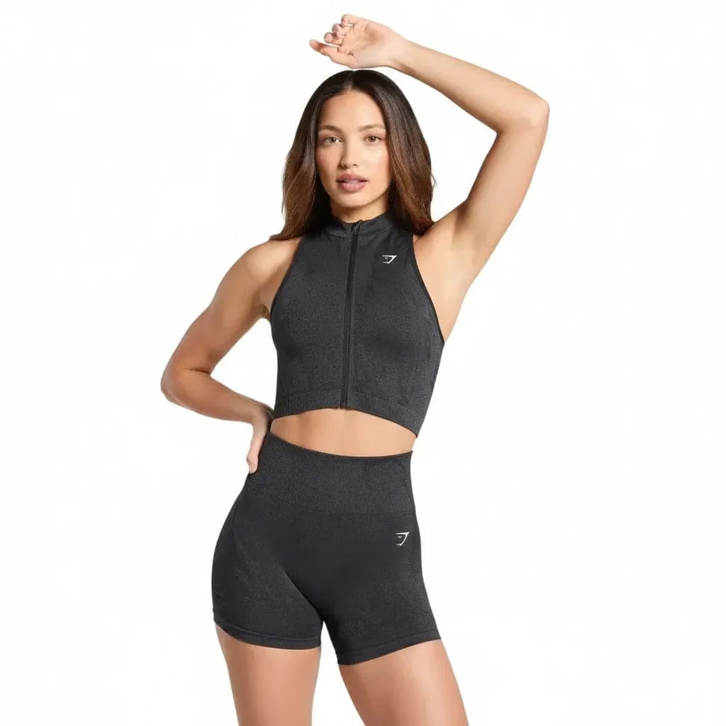 Gymshark Adapt Camo Seamless Zip Up Crop Top - Asphalt Grey/Black