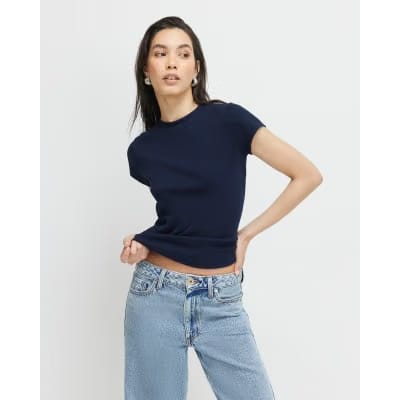 Navy Short Sleeve Fitted Ribbed T-Shirt