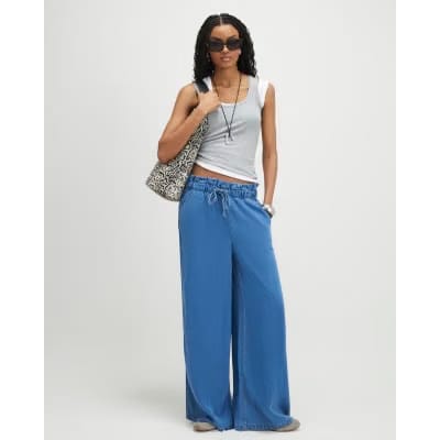 Blue Wide Leg Paperbag Jeans