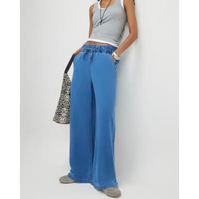 Blue Wide Leg Paperbag Jeans
