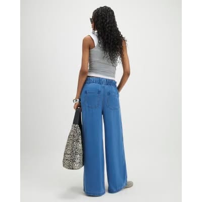 Blue Wide Leg Paperbag Jeans