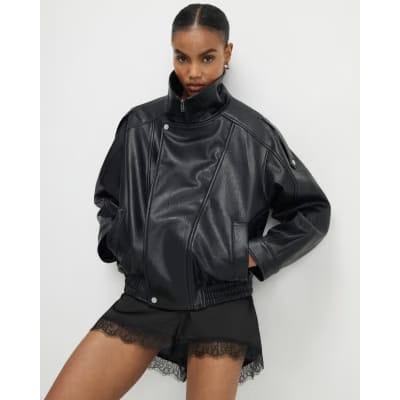 Black Faux Leather Funnel Neck Biker Jacket