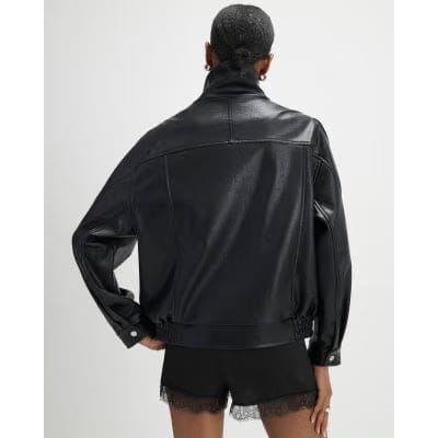 Black Faux Leather Funnel Neck Biker Jacket