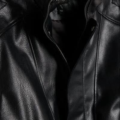 Black Faux Leather Funnel Neck Biker Jacket