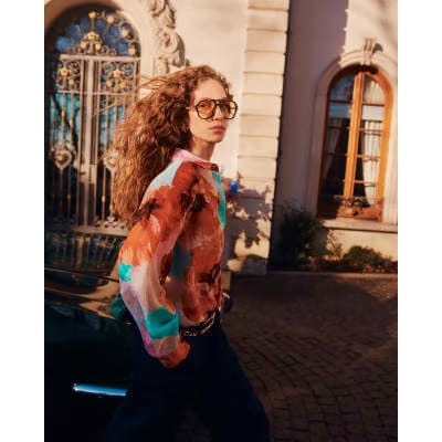 Red Floral Print Long Sleeve Blouse