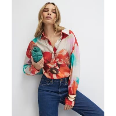 Red Floral Print Long Sleeve Blouse