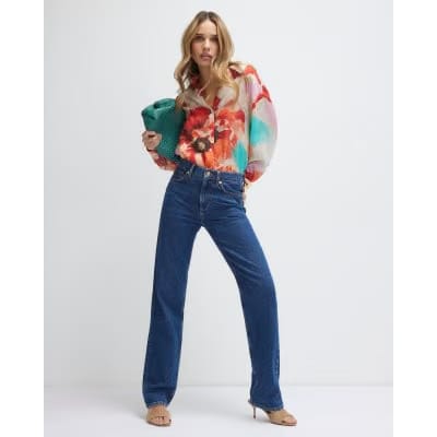 Red Floral Print Long Sleeve Blouse