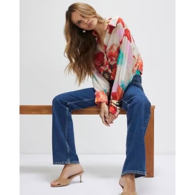 Red Floral Print Long Sleeve Blouse