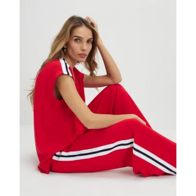 Red Short Sleeve Tape Detail V Neck Top