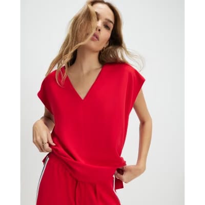 Red Short Sleeve Tape Detail V Neck Top