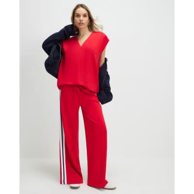 Red Short Sleeve Tape Detail V Neck Top