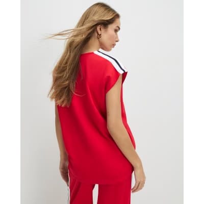 Red Short Sleeve Tape Detail V Neck Top