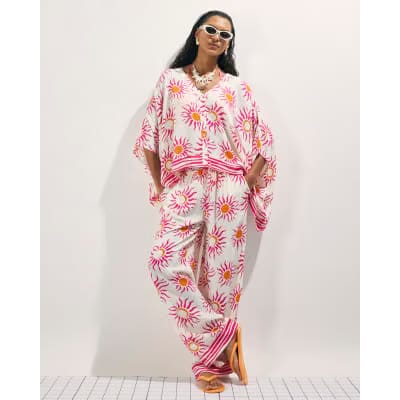 White Sun Print Wide Leg Beach Trousers