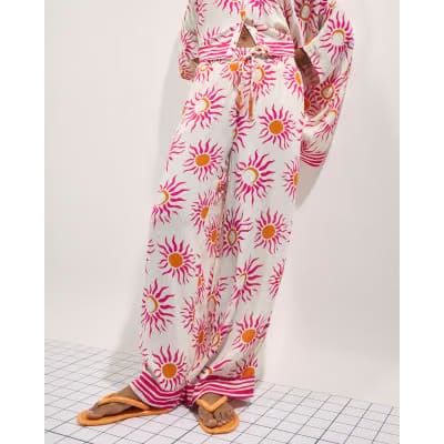 White Sun Print Wide Leg Beach Trousers