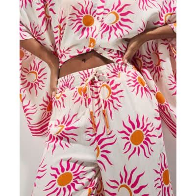 White Sun Print Wide Leg Beach Trousers