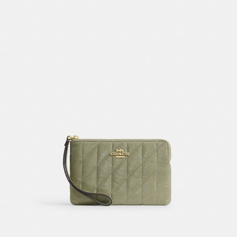 Coach Corner Zip Wristlet With Quilting Gold Pistachio
