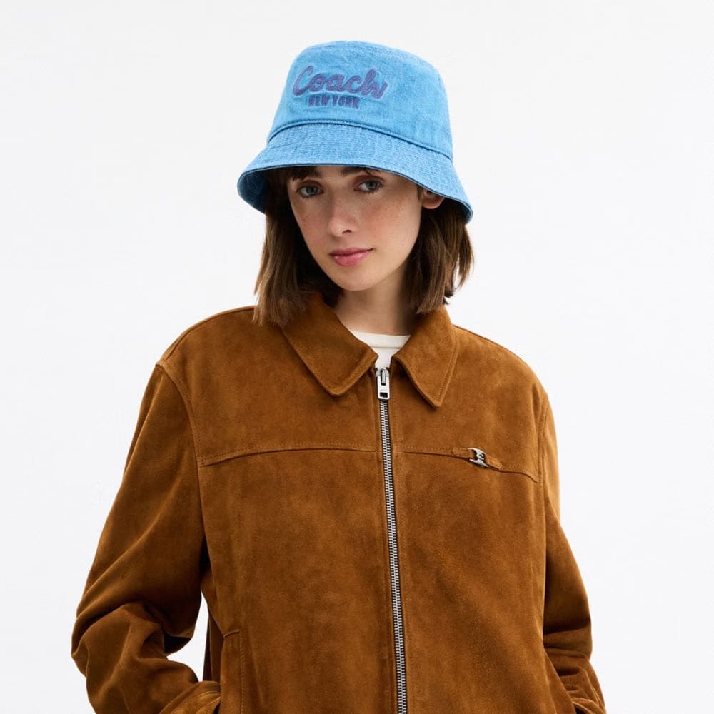 Coach Coach Script Embroidered Denim Bucket Hat Indigo