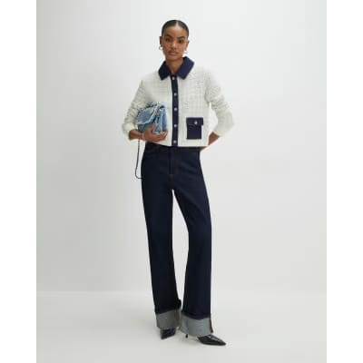 Cream Boucle Denim Mix Cardigan