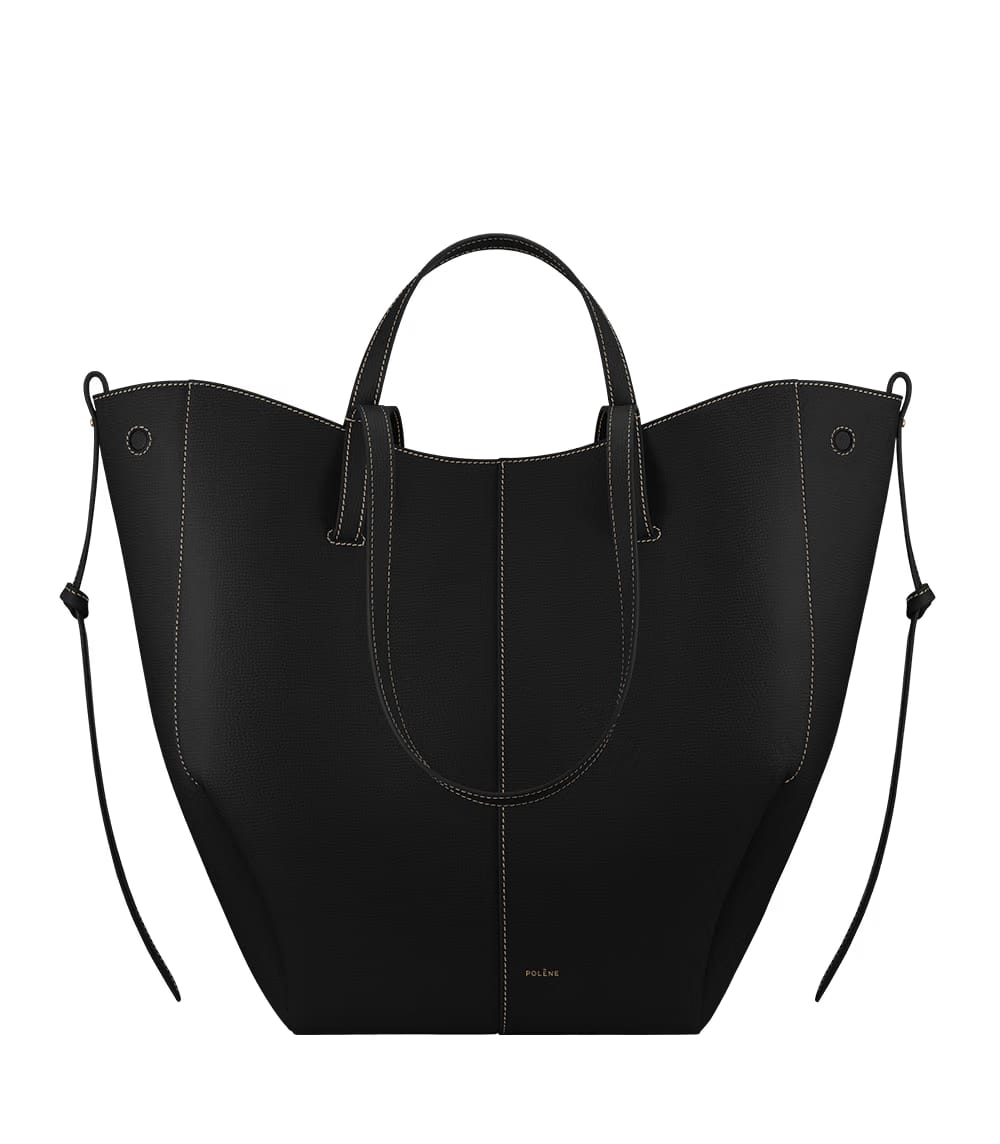 Polene Cyme Tote Textured Black with Ecru Stitching