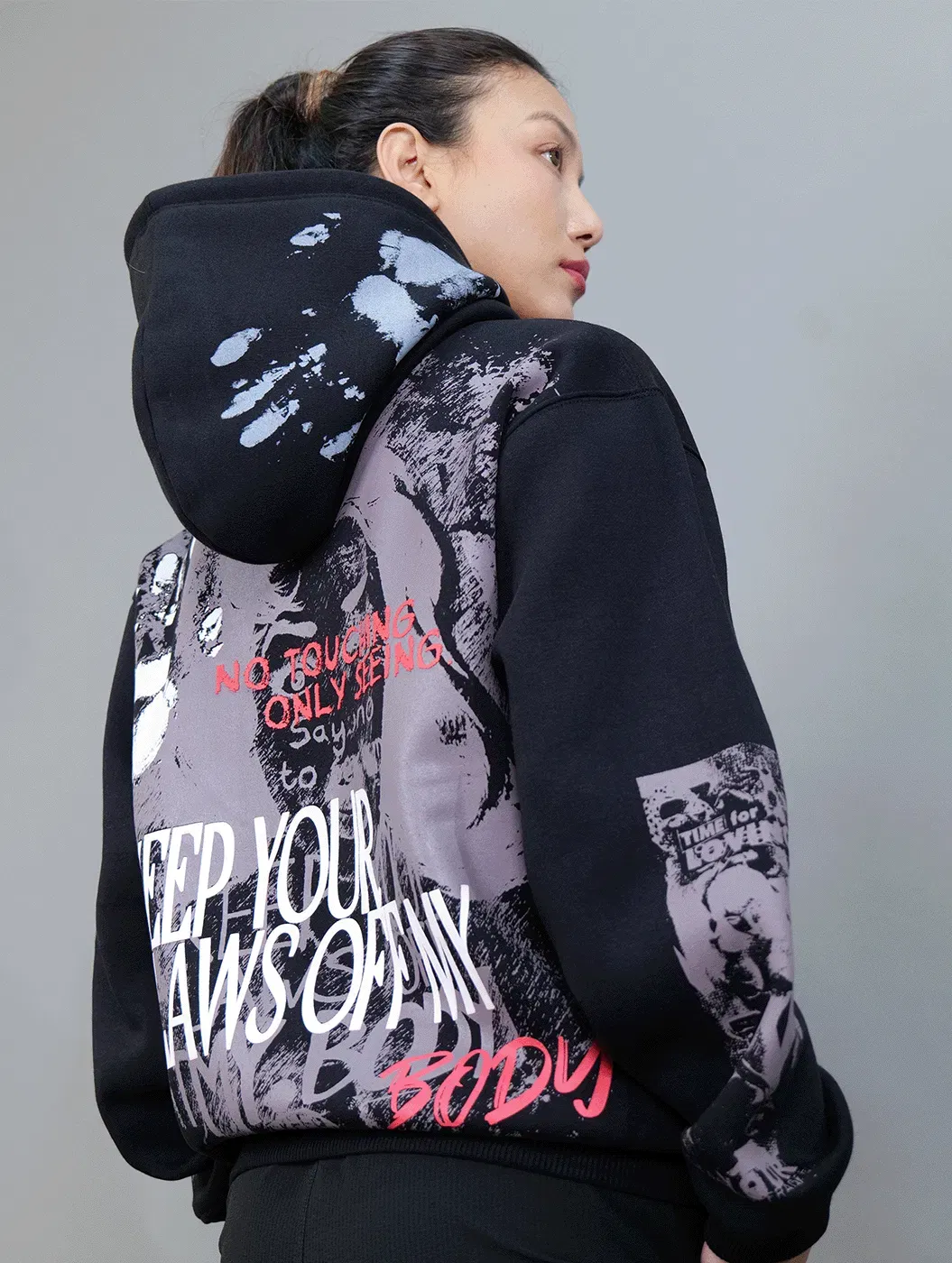 Lawless - Cropped Black Graphic Printed Drop Shoulder Oversized Hoodie