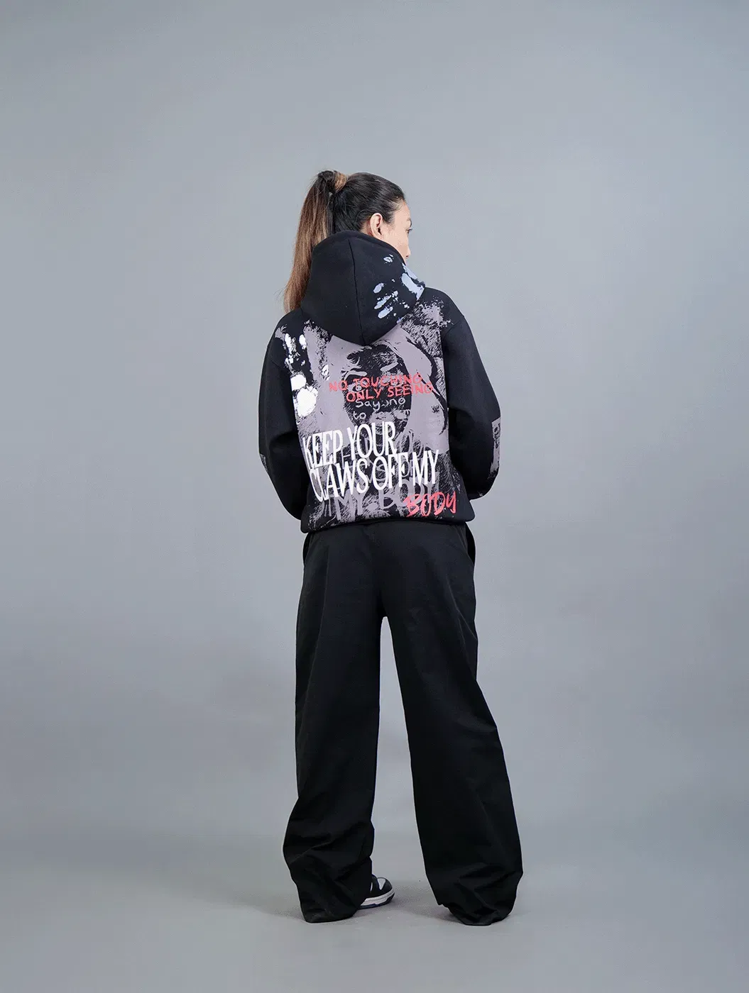 Lawless - Cropped Black Graphic Printed Drop Shoulder Oversized Hoodie