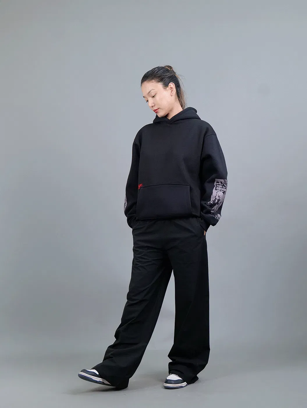 Lawless - Cropped Black Graphic Printed Drop Shoulder Oversized Hoodie