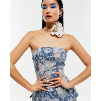 Blue Denim Floral Bandeau Top