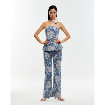 Blue Denim Floral Bandeau Top
