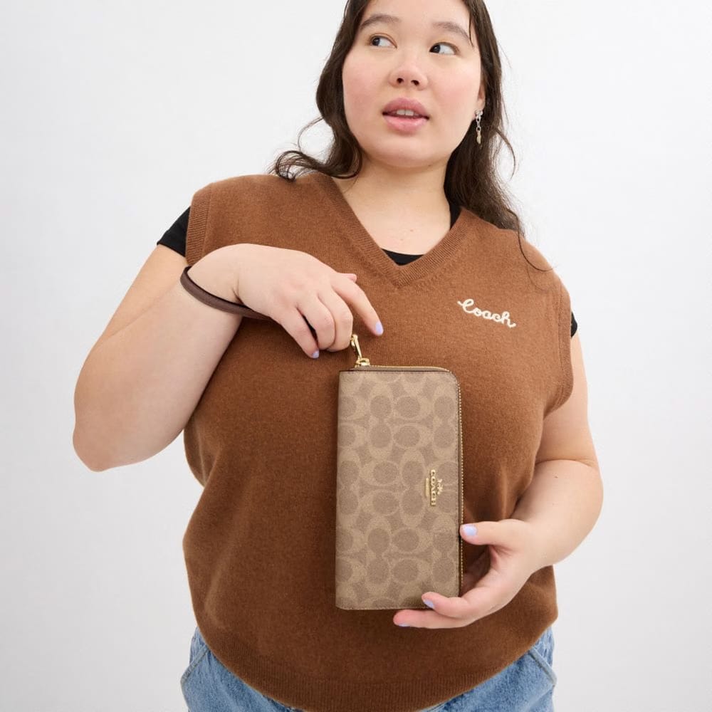Coach Long Zip Around Wallet In Signature Canvas Gold Tan Brown