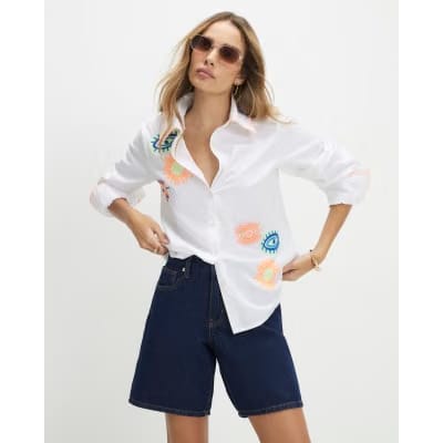 White Embroidered Graphic Shirt