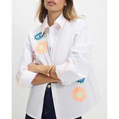 White Embroidered Graphic Shirt