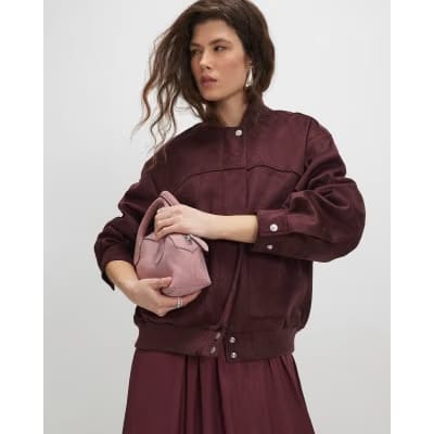 Red Faux Suede Classic Bomber Jacket