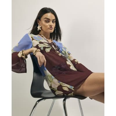 Brown Tropical Border Print Beach Tunic